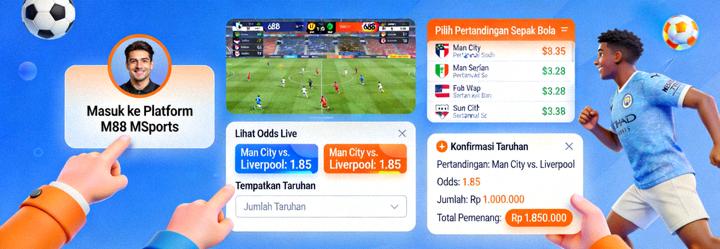 Animasi demonstrasi proses taruhan langsung atau live betting pada sebuah pertandingan sepak bola di platform M88 MSports