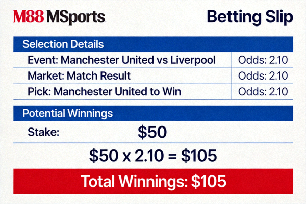 Contoh slip taruhan atau betting slip di M88 MSports yang menunjukkan detail pilihan taruhan dan potensi kemenangan