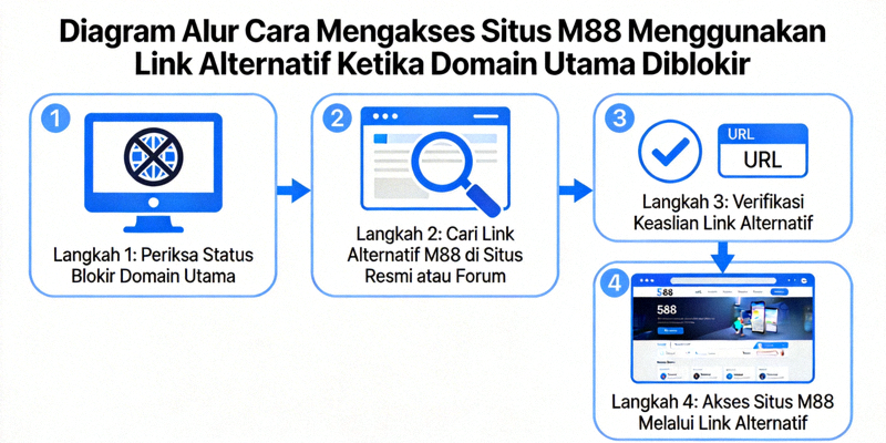 Diagram alur cara mengakses situs M88 menggunakan link alternatif ketika domain utama diblokir