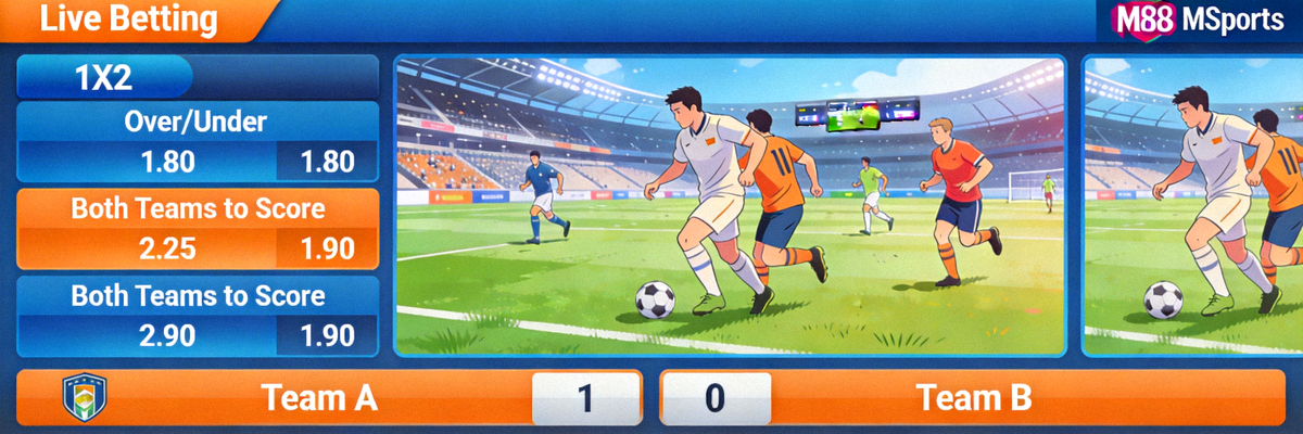 Ilustrasi antarmuka taruhan langsung atau live betting pada pertandingan sepak bola di M88 MSports