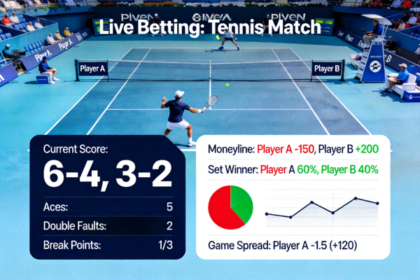Tampilan halaman taruhan langsung atau live betting pada sebuah pertandingan tenis dengan statistik real-time